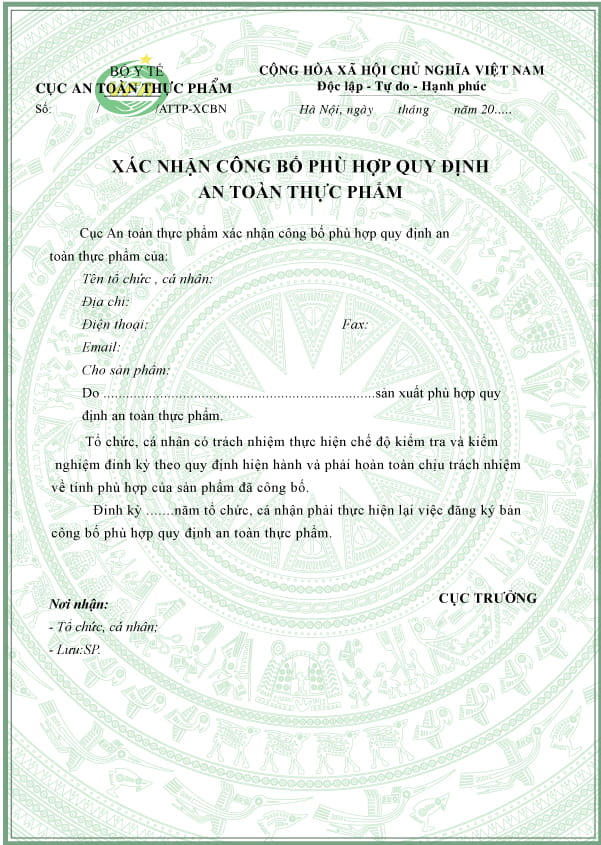 xác nhận công bố an toàn thực phẩm
